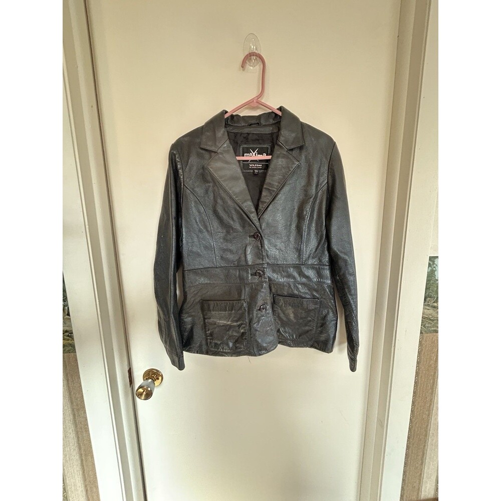 Vintage 90s Wilsons Leather Maxima Black Leather Jacket Button Front Womans L